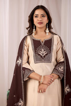 Elegant Cream Silk Salwar Suit Set with Dark Brown Embroidered Yoke For Women