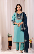 Elegant Rama Blue Silk Salwar Suit Set with Navy Embroidered Yoke For Women