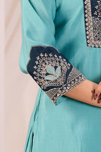 Elegant Rama Blue Silk Salwar Suit Set with Navy Embroidered Yoke For Women