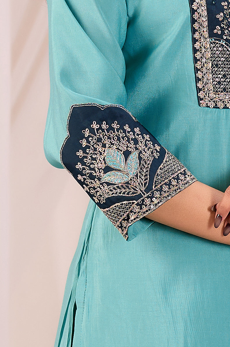 Elegant Rama Blue Silk Salwar Suit Set with Navy Embroidered Yoke For Women