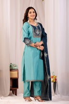 Elegant Rama Blue Silk Salwar Suit Set with Navy Embroidered Yoke For Women