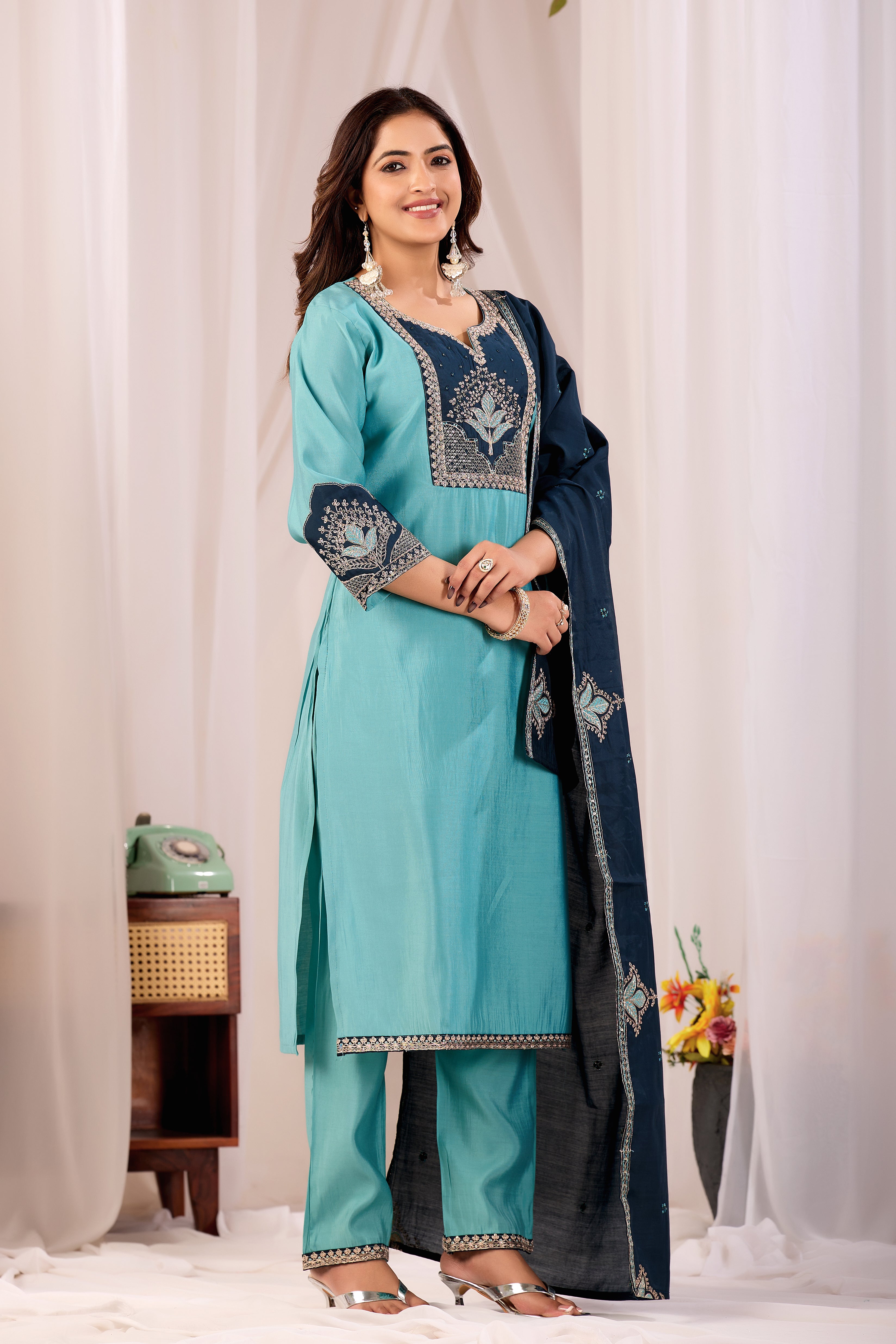 Elegant Rama Blue Silk Salwar Suit Set with Navy Embroidered Yoke For Women