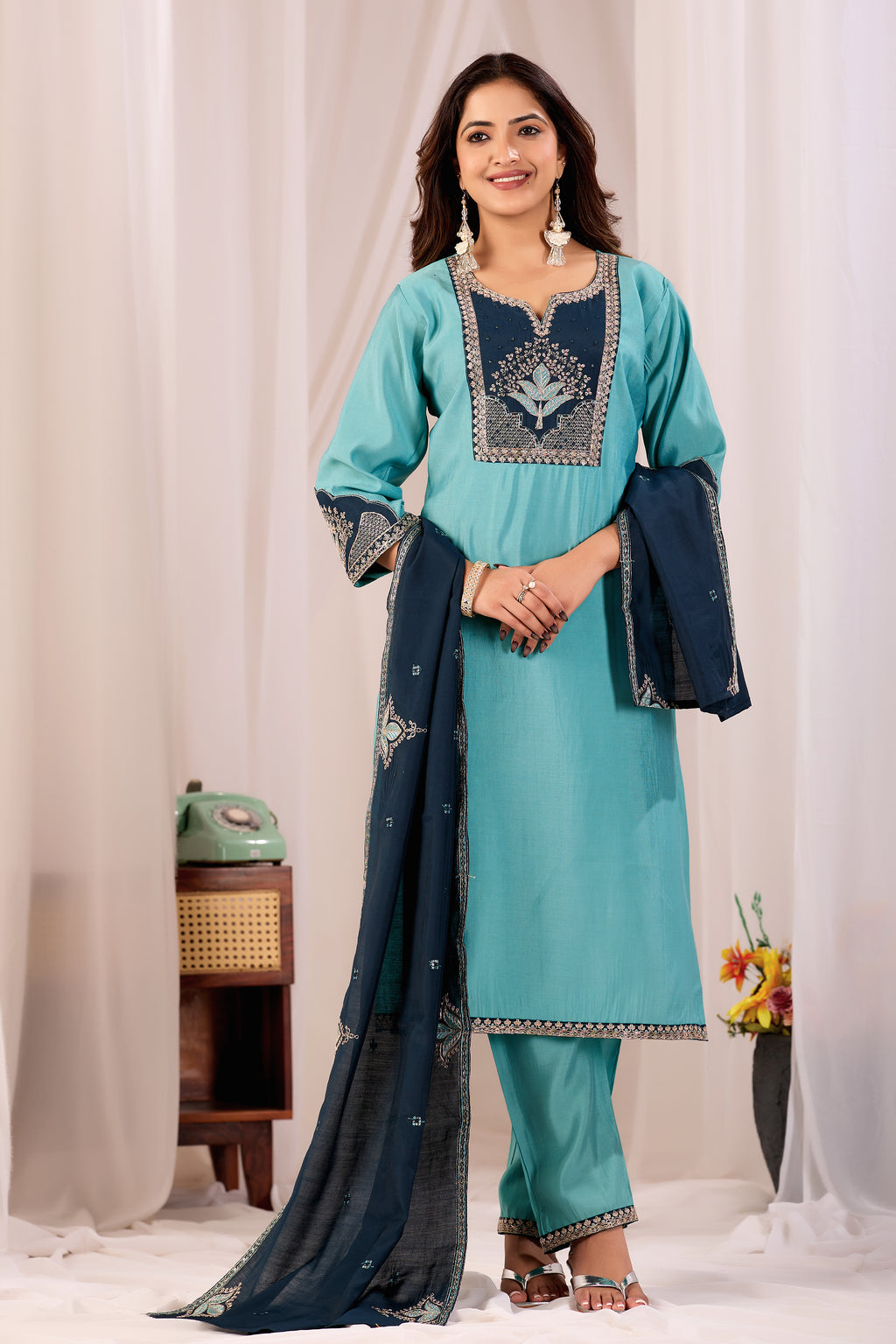 Elegant Rama Blue Silk Salwar Suit Set with Navy Embroidered Yoke For Women