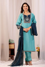 Elegant Rama Blue Silk Salwar Suit Set with Navy Embroidered Yoke For Women