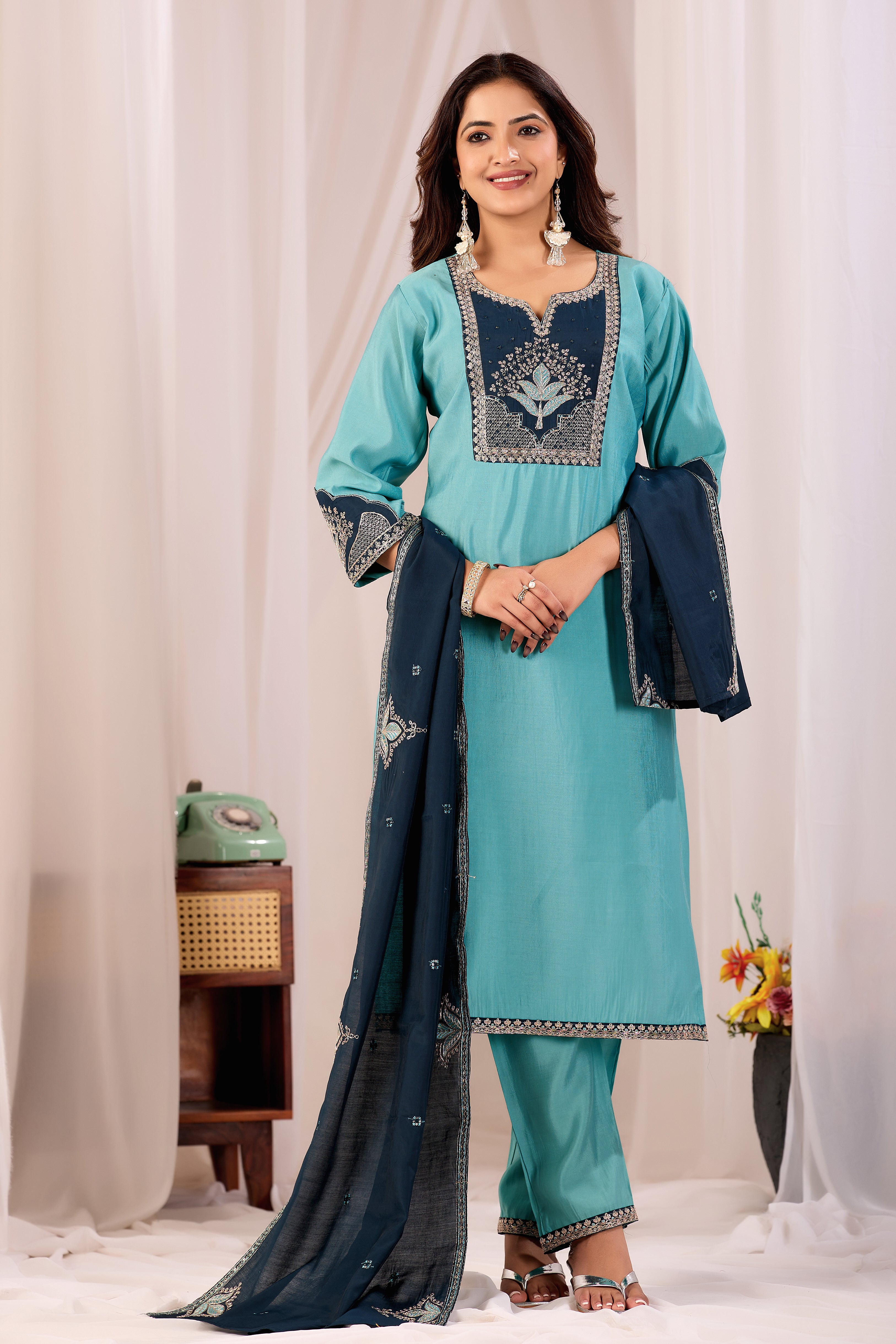 Elegant Rama Blue Silk Salwar Suit Set with Navy Embroidered Yoke For Women