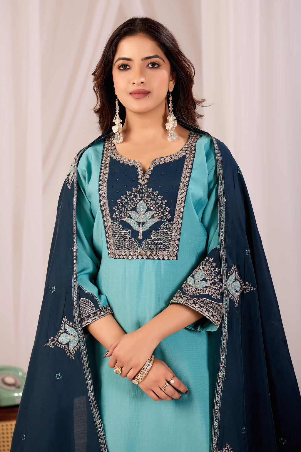 Elegant Rama Blue Silk Salwar Suit Set with Navy Embroidered Yoke For Women