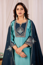 Elegant Rama Blue Silk Salwar Suit Set with Navy Embroidered Yoke For Women