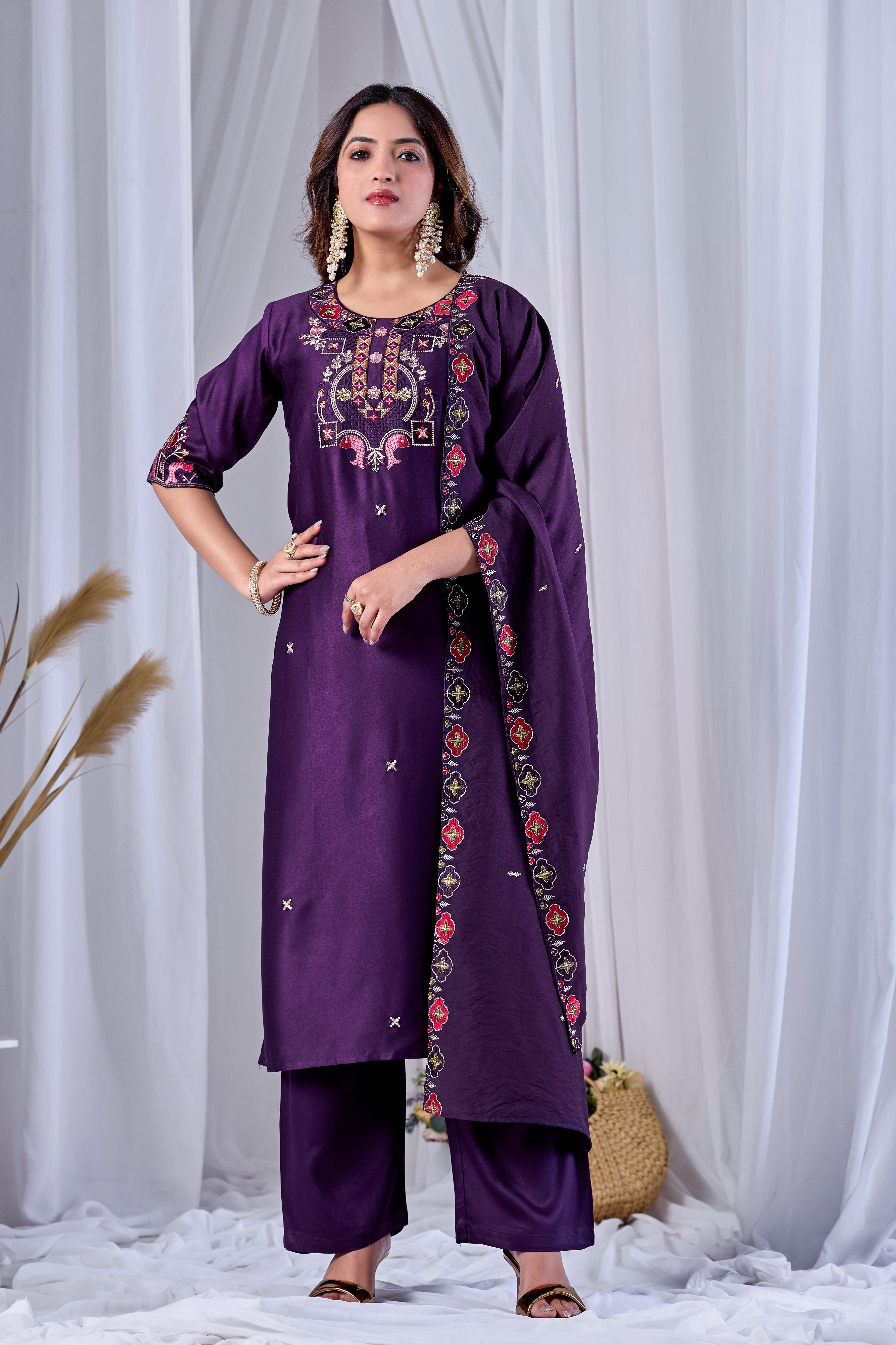 Royal Wine Designer Gaji Cotton Jalpari Heritage Embroidered Kurta Set with Dupatta | 3-Piece Festive Wear