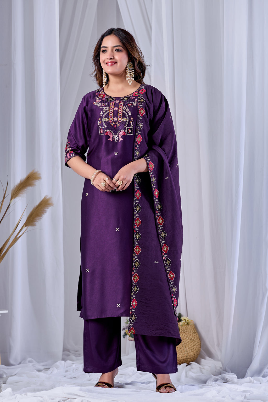 Royal Wine Designer Gaji Cotton Jalpari Heritage Embroidered Kurta Set with Dupatta | 3-Piece Festive Wear