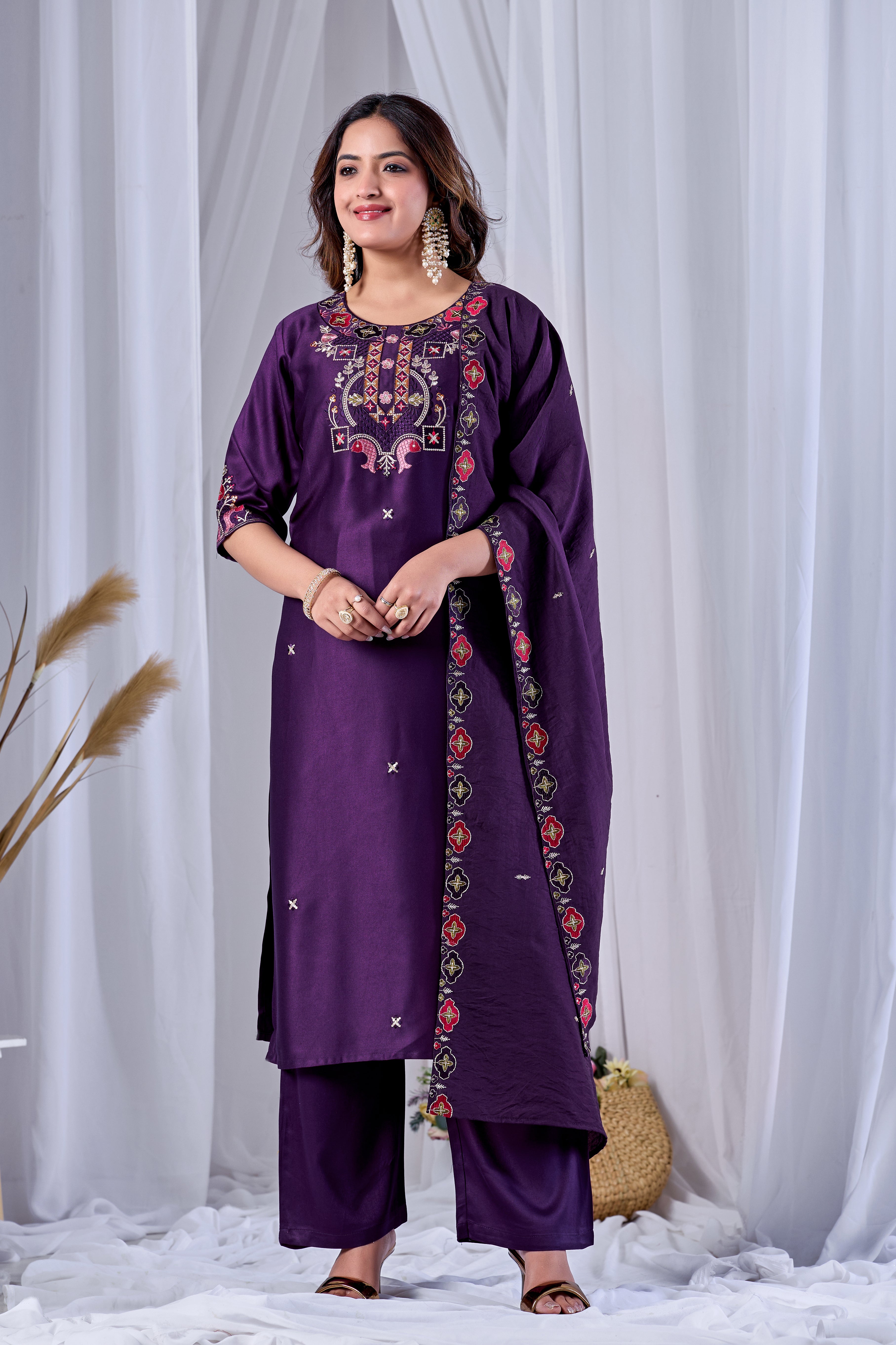 Royal Wine Designer Gaji Cotton Jalpari Heritage Embroidered Kurta Set with Dupatta | 3-Piece Festive Wear