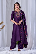 Royal Wine Designer Gaji Cotton Jalpari Heritage Embroidered Kurta Set with Dupatta | 3-Piece Festive Wear