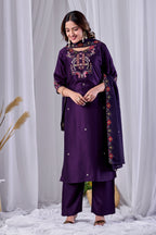 Royal Wine Designer Gaji Cotton Jalpari Heritage Embroidered Kurta Set with Dupatta | 3-Piece Festive Wear