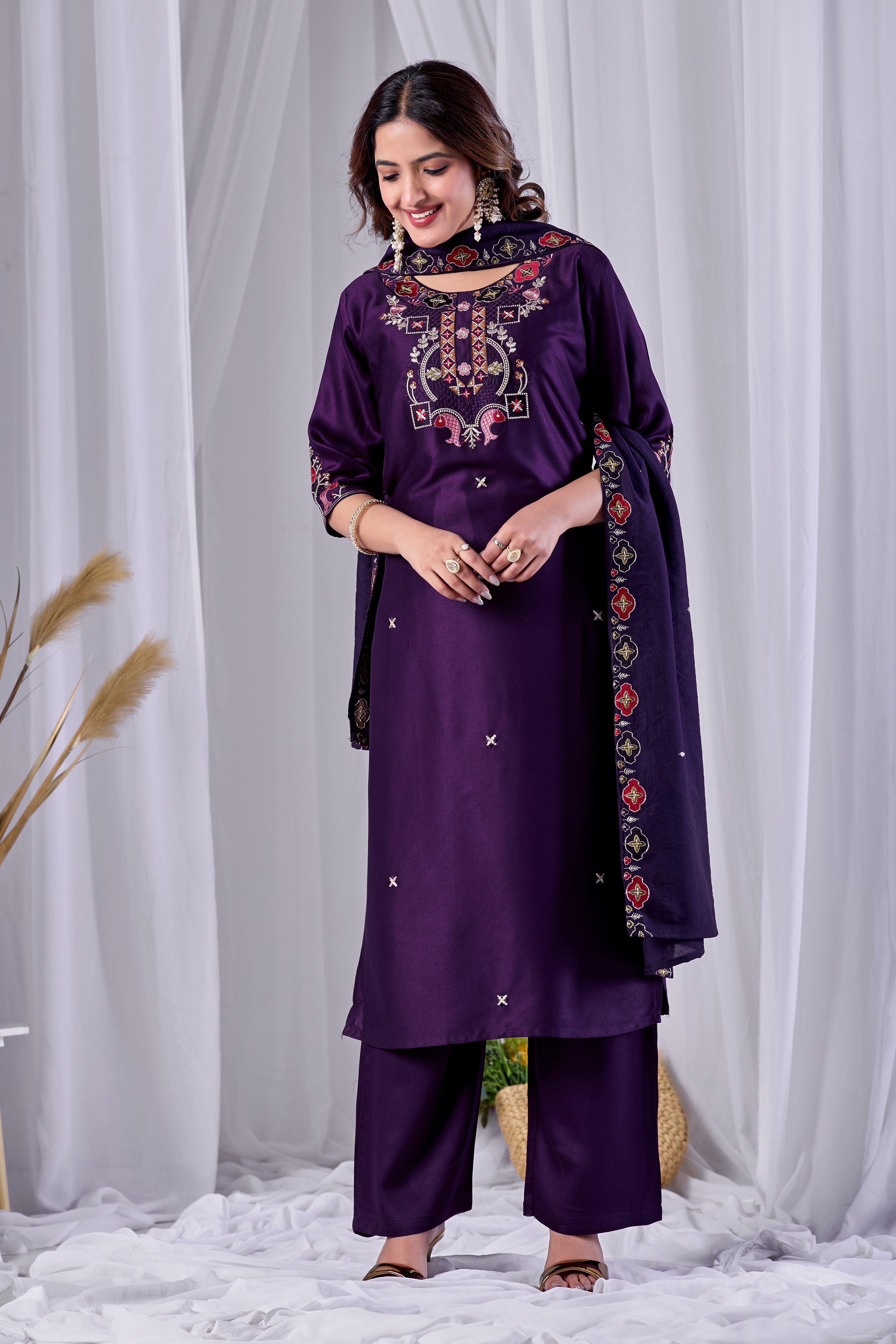 Royal Wine Designer Gaji Cotton Jalpari Heritage Embroidered Kurta Set with Dupatta | 3-Piece Festive Wear