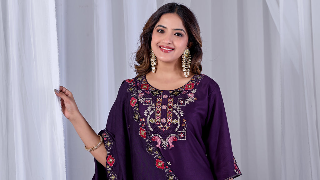 Royal Wine Designer Gaji Cotton Jalpari Heritage Embroidered Kurta Set with Dupatta | 3-Piece Festive Wear