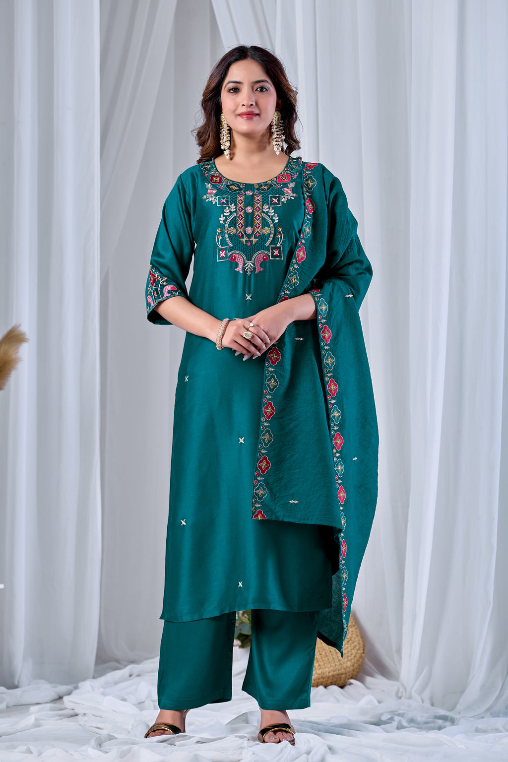 Emerald Green Designer Gaji Cotton Jalpari Heritage Embroidered Kurta Set with Dupatta | 3-Piece Festive Wear