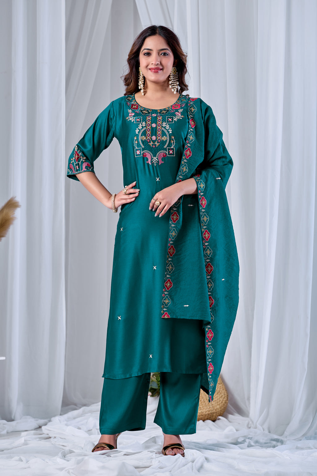 Emerald Green Designer Gaji Cotton Jalpari Heritage Embroidered Kurta Set with Dupatta | 3-Piece Festive Wear