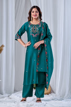 Emerald Green Designer Gaji Cotton Jalpari Heritage Embroidered Kurta Set with Dupatta | 3-Piece Festive Wear