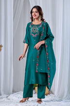 Emerald Green Designer Gaji Cotton Jalpari Heritage Embroidered Kurta Set with Dupatta | 3-Piece Festive Wear