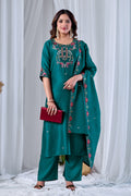 Emerald Green Designer Gaji Cotton Jalpari Heritage Embroidered Kurta Set with Dupatta | 3-Piece Festive Wear