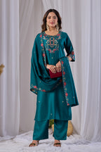 Emerald Green Designer Gaji Cotton Jalpari Heritage Embroidered Kurta Set with Dupatta | 3-Piece Festive Wear