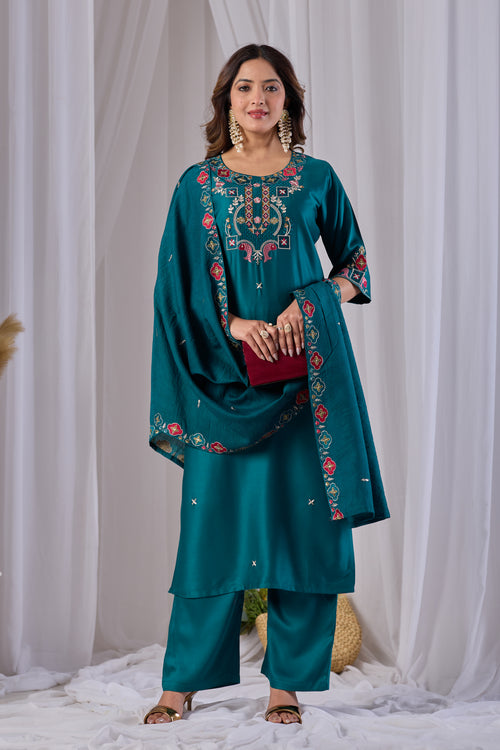 Emerald Green Designer Gaji Cotton Jalpari Heritage Embroidered Kurta Set with Dupatta | 3-Piece Festive Wear