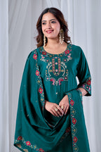 Emerald Green Designer Gaji Cotton Jalpari Heritage Embroidered Kurta Set with Dupatta | 3-Piece Festive Wear