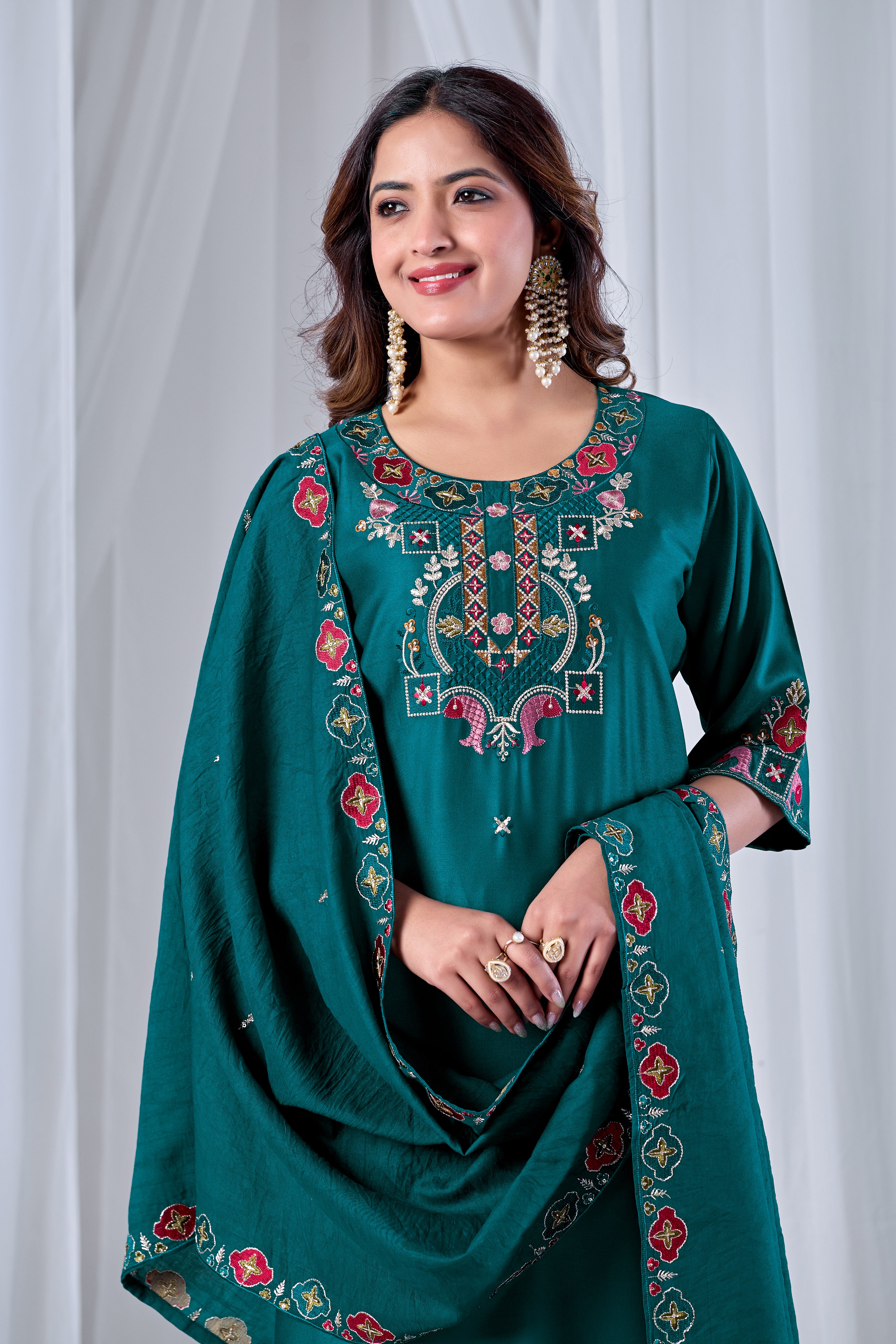 Emerald Green Designer Gaji Cotton Jalpari Heritage Embroidered Kurta Set with Dupatta | 3-Piece Festive Wear