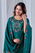 Emerald Green Designer Gaji Cotton Jalpari Heritage Embroidered Kurta Set with Dupatta | 3-Piece Festive Wear