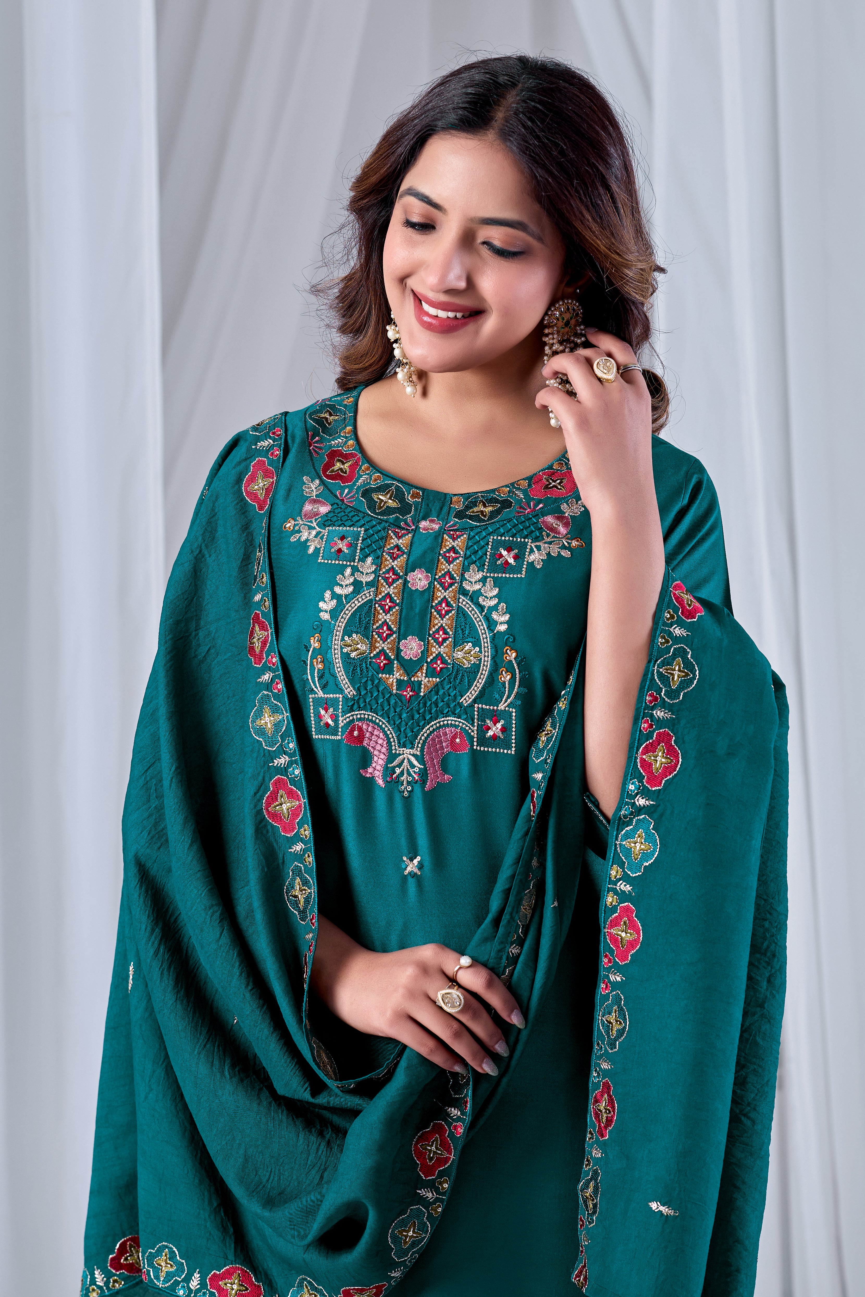 Emerald Green Designer Gaji Cotton Jalpari Heritage Embroidered Kurta Set with Dupatta | 3-Piece Festive Wear