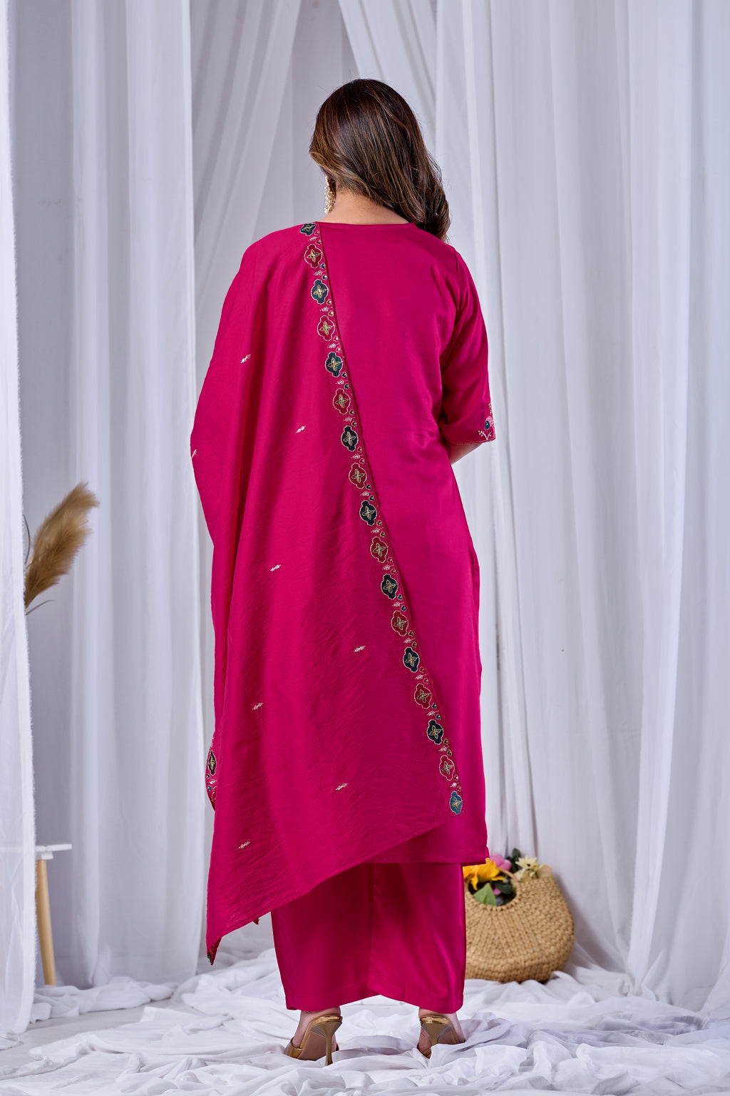 Fuchsia Rani Pink Designer Gaji Cotton Jalpari Heritage Embroidered Kurta Set with Dupatta | 3-Piece Festive Wear