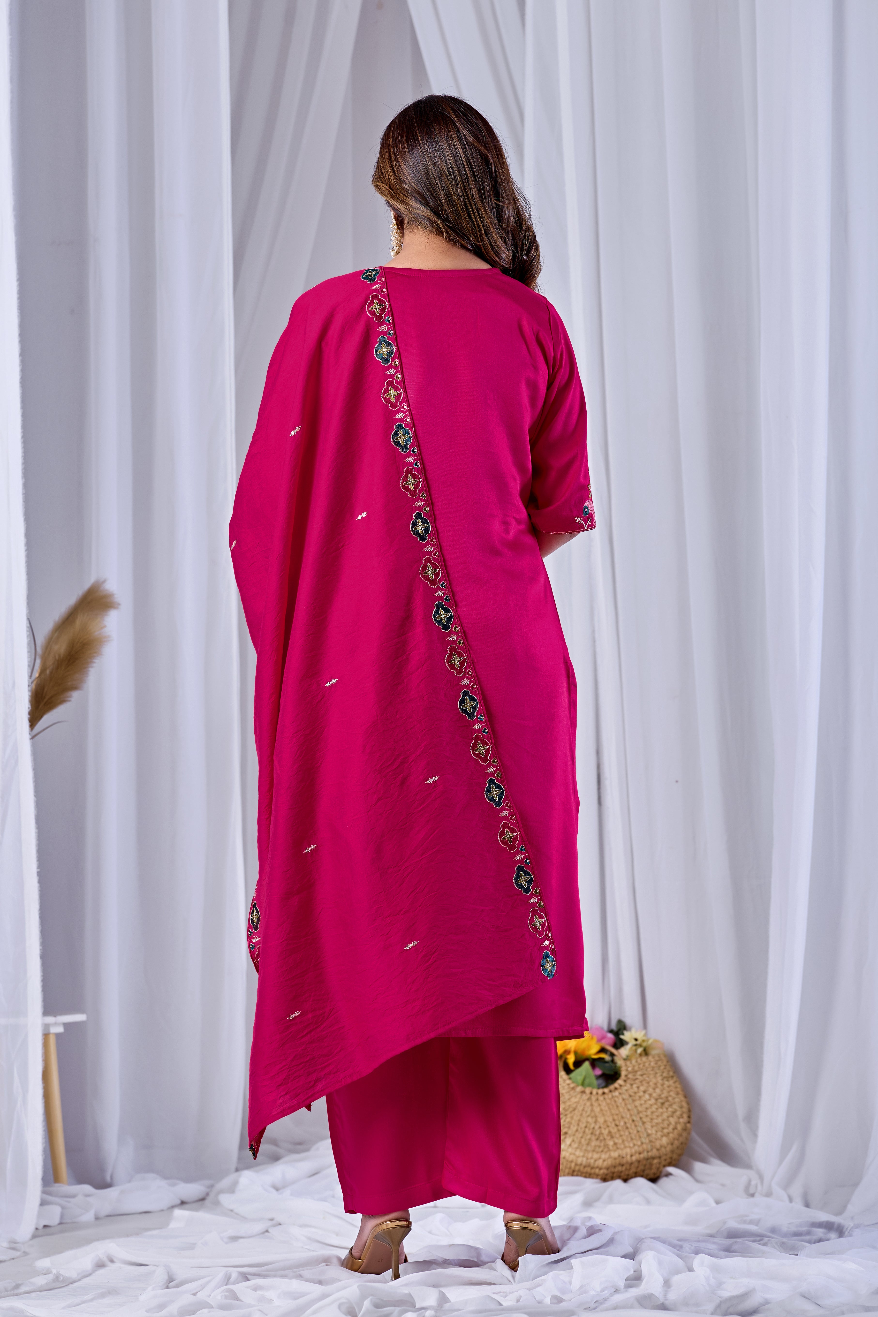 Fuchsia Rani Pink Designer Gaji Cotton Jalpari Heritage Embroidered Kurta Set with Dupatta | 3-Piece Festive Wear