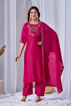 Fuchsia Rani Pink Designer Gaji Cotton Jalpari Heritage Embroidered Kurta Set with Dupatta | 3-Piece Festive Wear