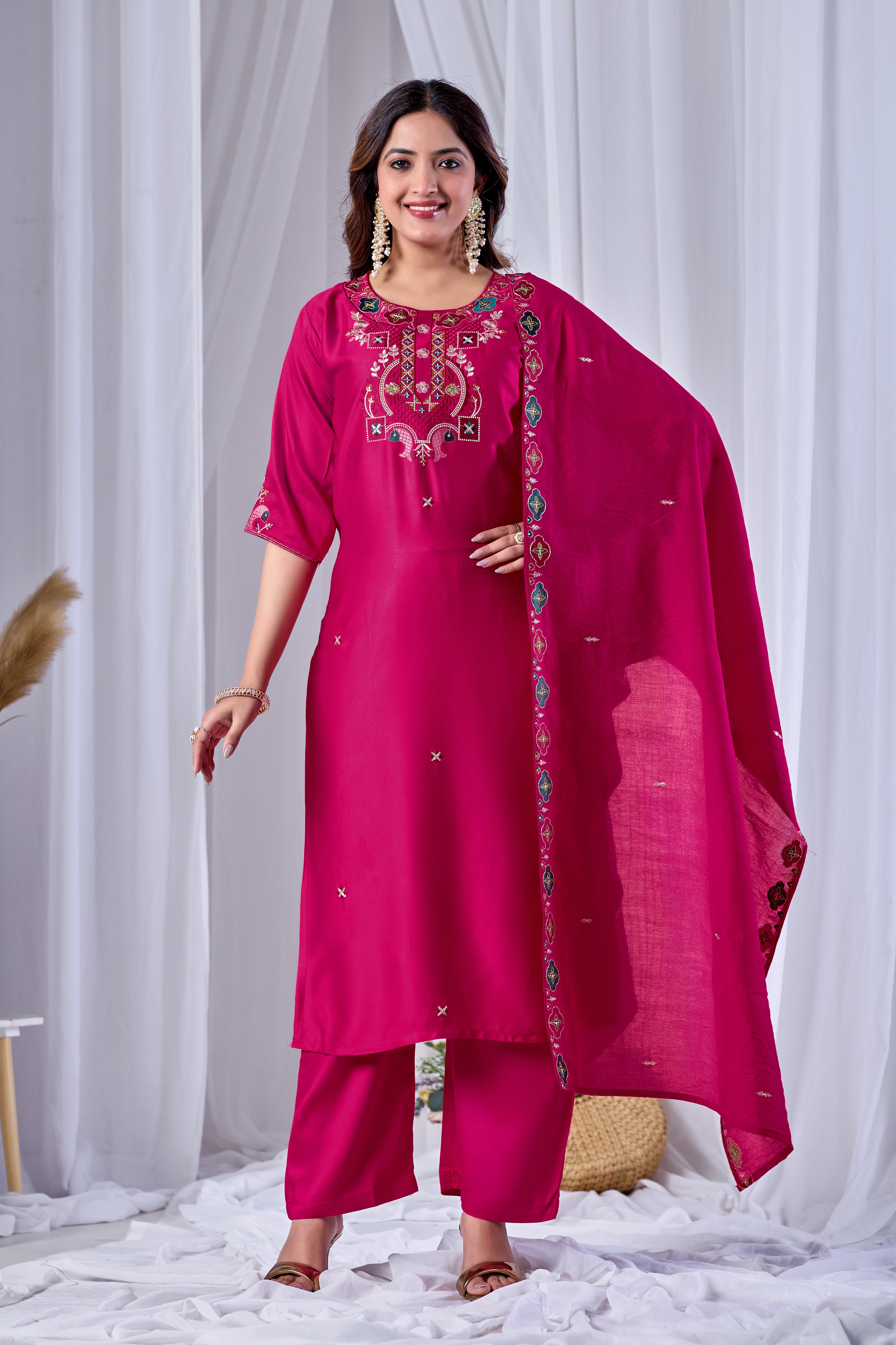 Fuchsia Rani Pink Designer Gaji Cotton Jalpari Heritage Embroidered Kurta Set with Dupatta | 3-Piece Festive Wear