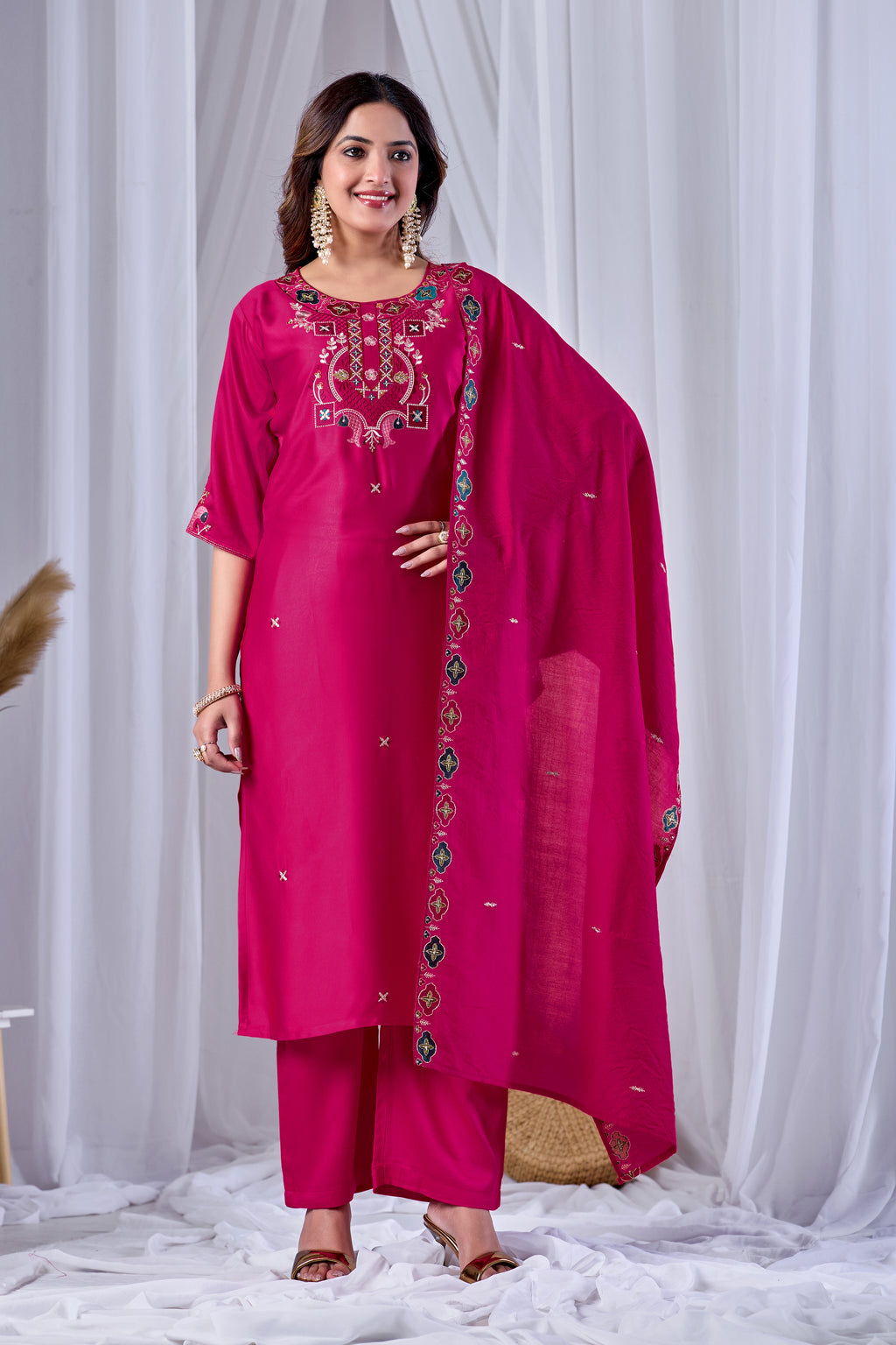 Fuchsia Rani Pink Designer Gaji Cotton Jalpari Heritage Embroidered Kurta Set with Dupatta | 3-Piece Festive Wear