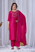 Fuchsia Rani Pink Designer Gaji Cotton Jalpari Heritage Embroidered Kurta Set with Dupatta | 3-Piece Festive Wear