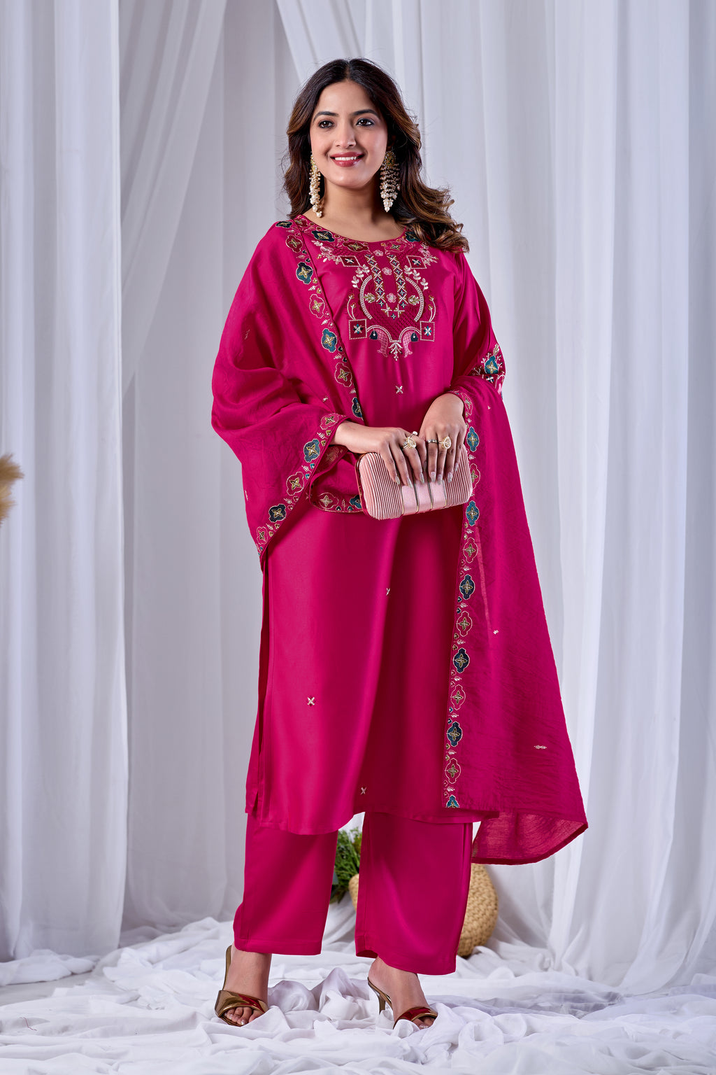 Fuchsia Rani Pink Designer Gaji Cotton Jalpari Heritage Embroidered Kurta Set with Dupatta | 3-Piece Festive Wear