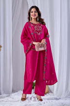 Fuchsia Rani Pink Designer Gaji Cotton Jalpari Heritage Embroidered Kurta Set with Dupatta | 3-Piece Festive Wear