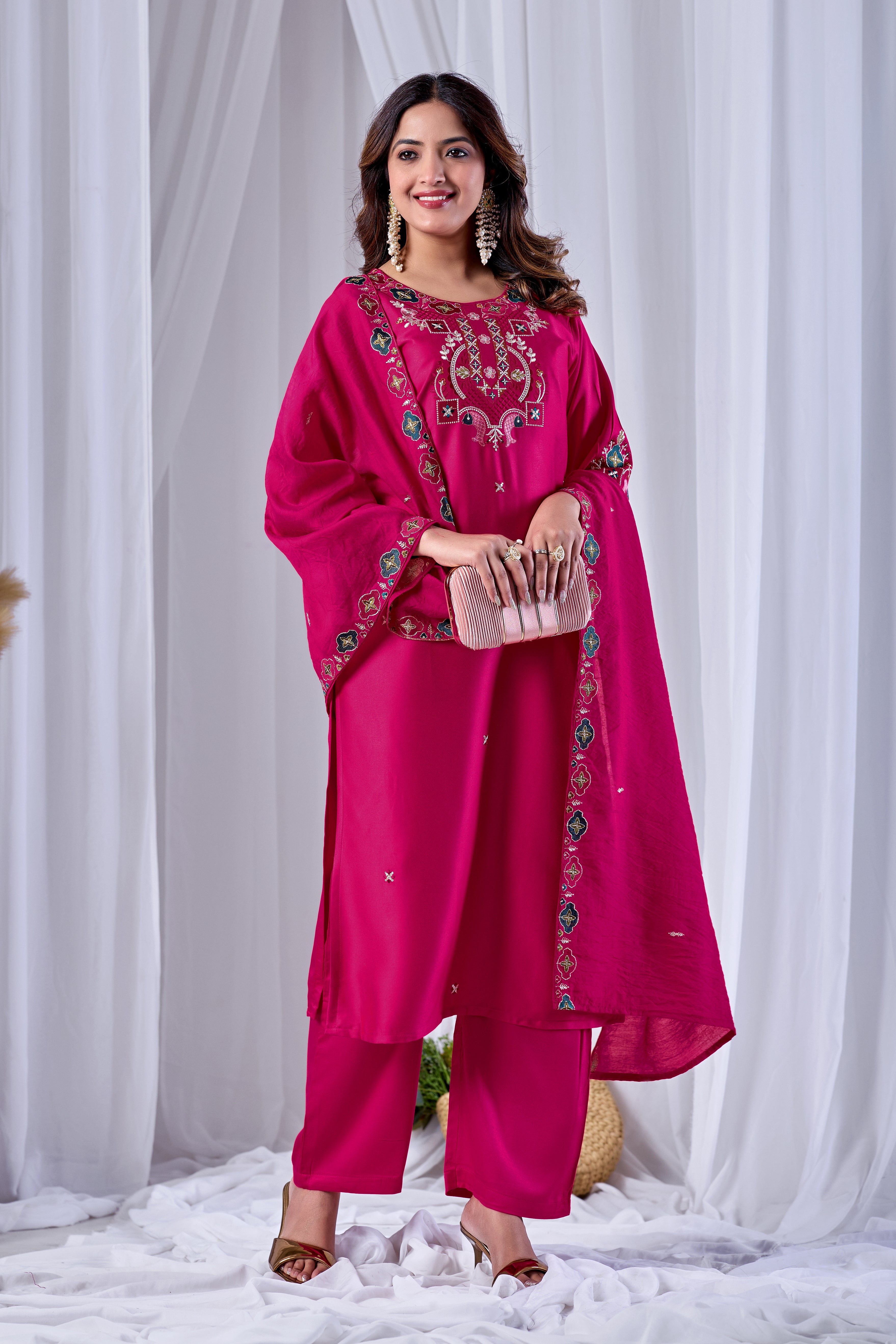 Fuchsia Rani Pink Designer Gaji Cotton Jalpari Heritage Embroidered Kurta Set with Dupatta | 3-Piece Festive Wear