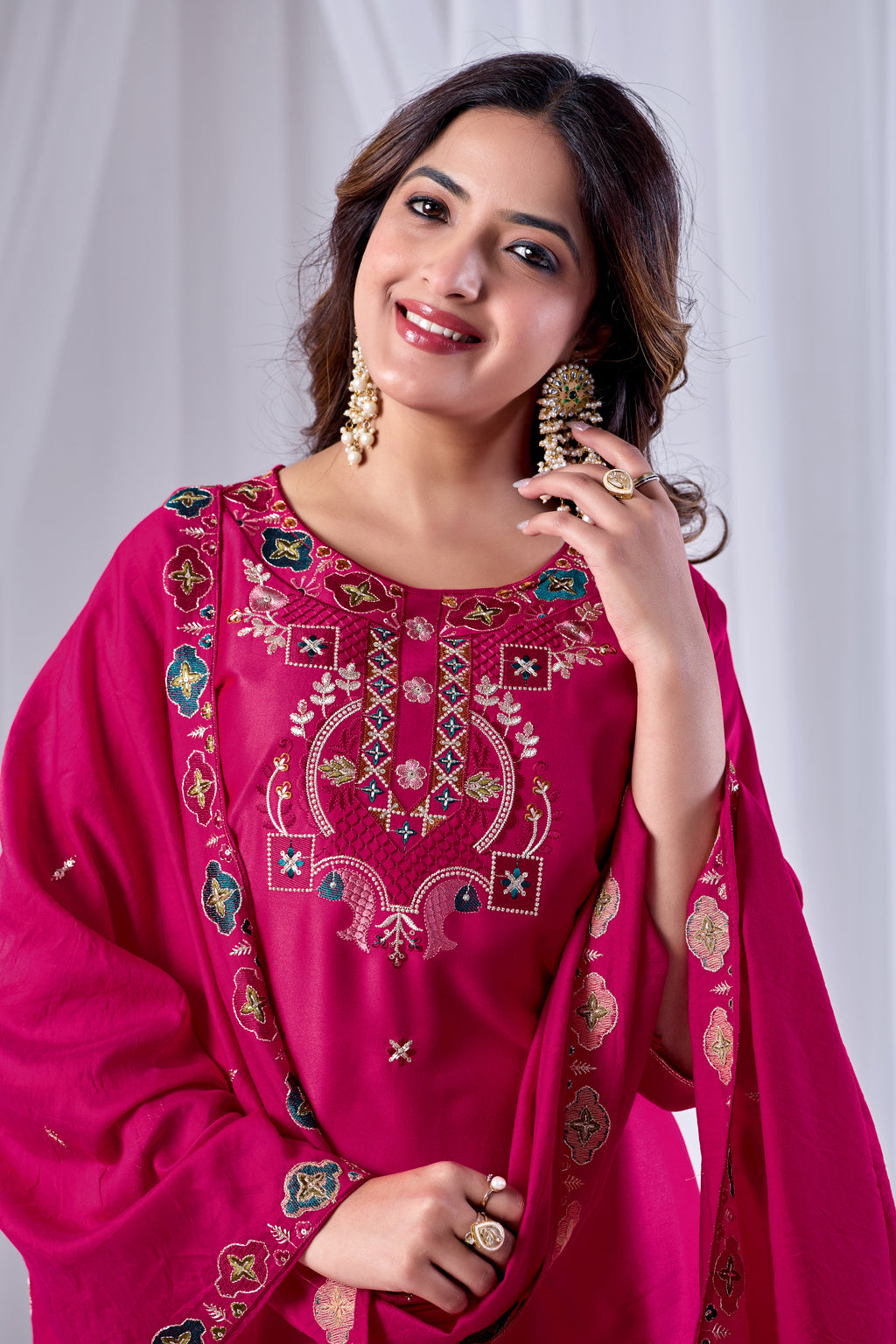 Fuchsia Rani Pink Designer Gaji Cotton Jalpari Heritage Embroidered Kurta Set with Dupatta | 3-Piece Festive Wear