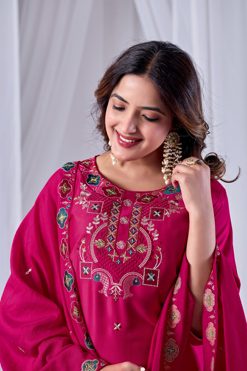 Fuchsia Rani Pink Designer Gaji Cotton Jalpari Heritage Embroidered Kurta Set with Dupatta | 3-Piece Festive Wear