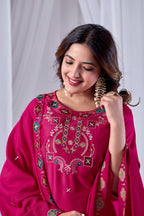 Fuchsia Rani Pink Designer Gaji Cotton Jalpari Heritage Embroidered Kurta Set with Dupatta | 3-Piece Festive Wear