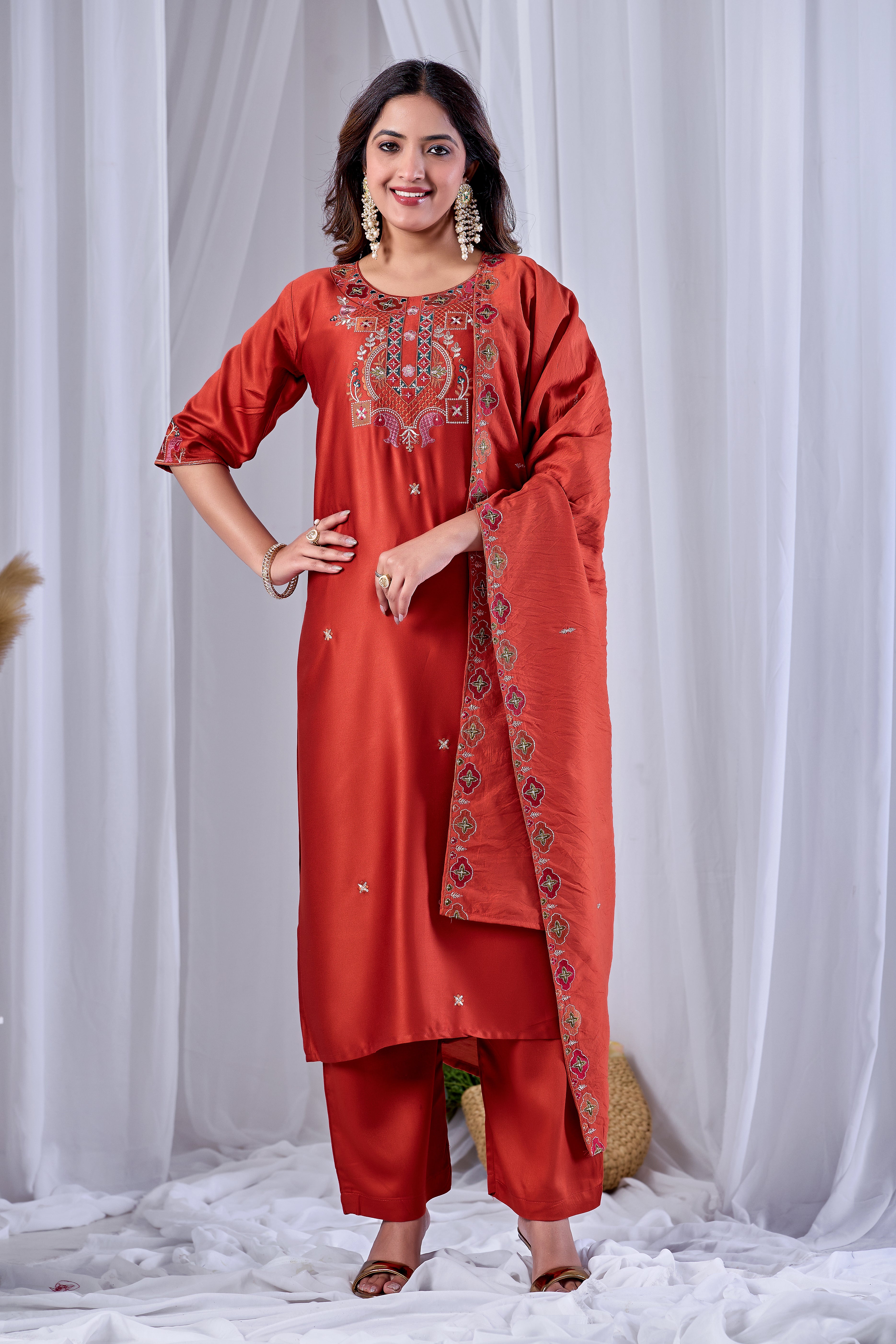 Rust Orange Designer Gaji Cotton Jalpari Heritage Embroidered Kurta Set with Dupatta | 3-Piece Festive Wear