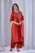 Rust Orange Designer Gaji Cotton Jalpari Heritage Embroidered Kurta Set with Dupatta | 3-Piece Festive Wear