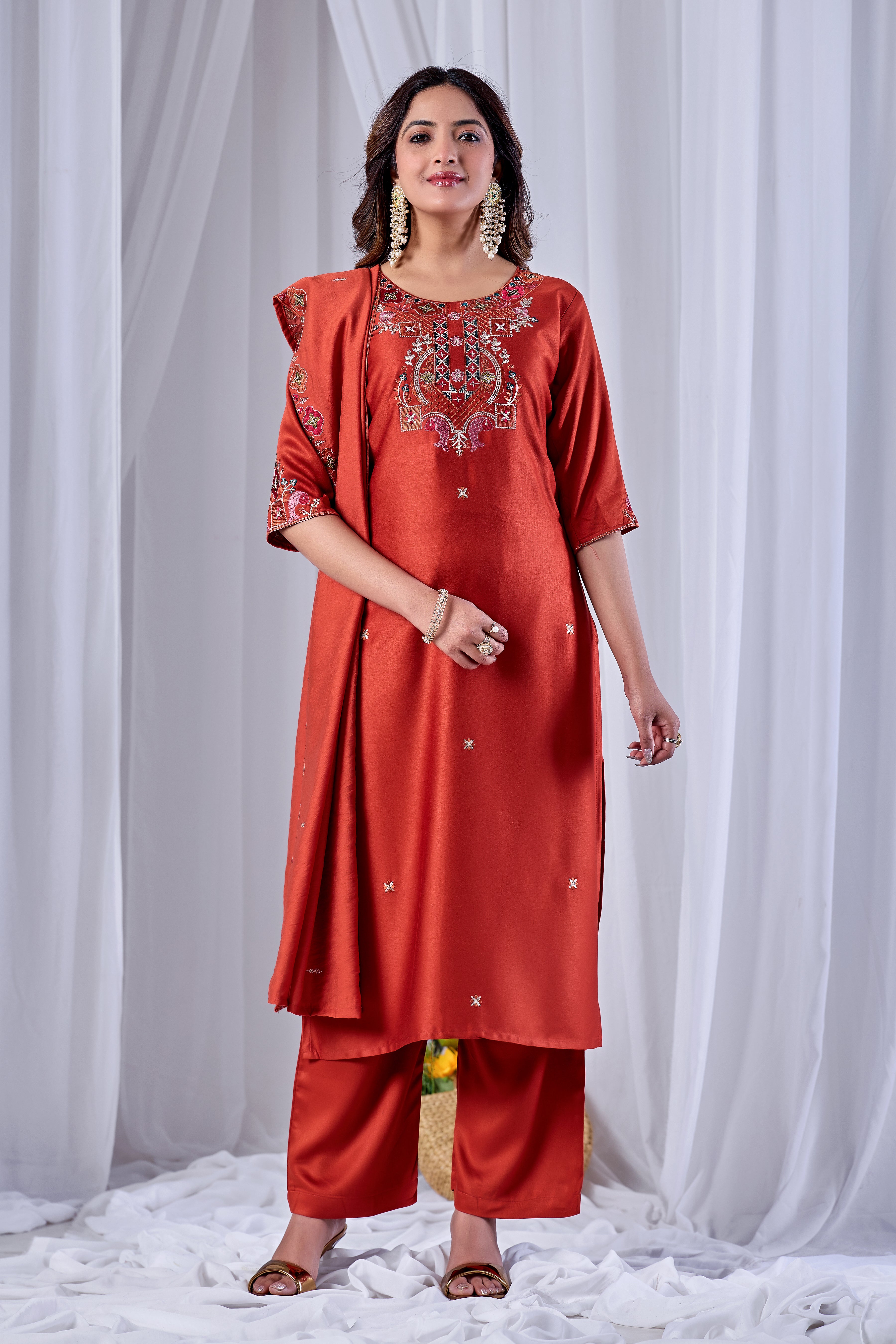 Rust Orange Designer Gaji Cotton Jalpari Heritage Embroidered Kurta Set with Dupatta | 3-Piece Festive Wear