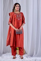 Rust Orange Designer Gaji Cotton Jalpari Heritage Embroidered Kurta Set with Dupatta | 3-Piece Festive Wear