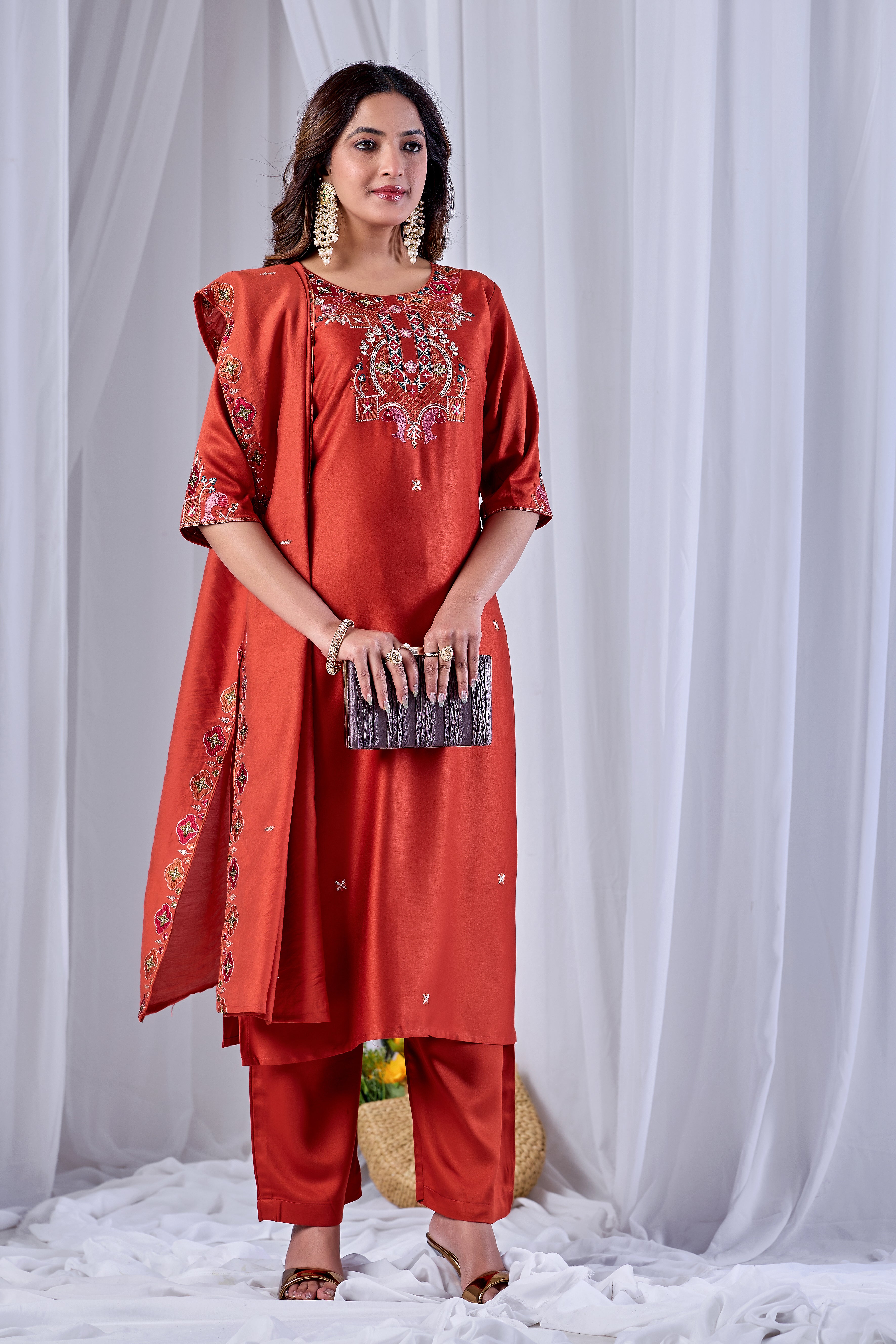 Rust Orange Designer Gaji Cotton Jalpari Heritage Embroidered Kurta Set with Dupatta | 3-Piece Festive Wear