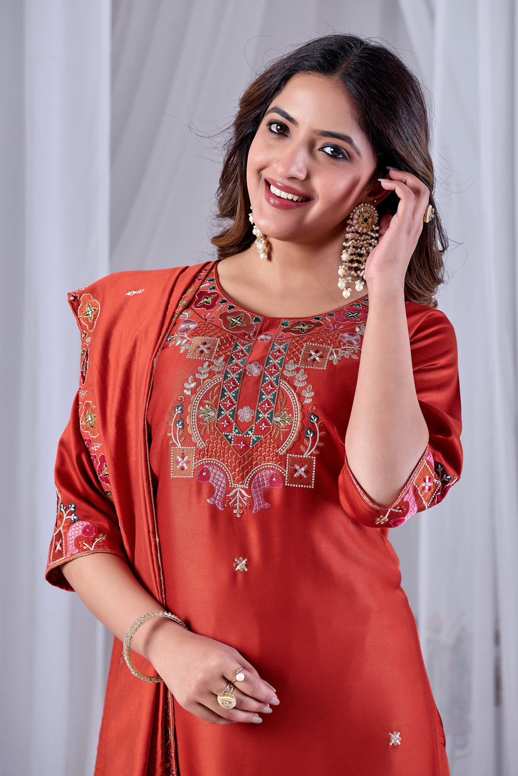 Rust Orange Designer Gaji Cotton Jalpari Heritage Embroidered Kurta Set with Dupatta | 3-Piece Festive Wear