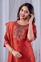Rust Orange Designer Gaji Cotton Jalpari Heritage Embroidered Kurta Set with Dupatta | 3-Piece Festive Wear