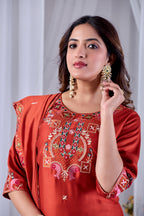 Rust Orange Designer Gaji Cotton Jalpari Heritage Embroidered Kurta Set with Dupatta | 3-Piece Festive Wear