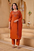 Phool Tokri Embroidered Two-Tone Roman Silk  Kurta Set with Dupatta | 3-Piece Set | Rust Orange